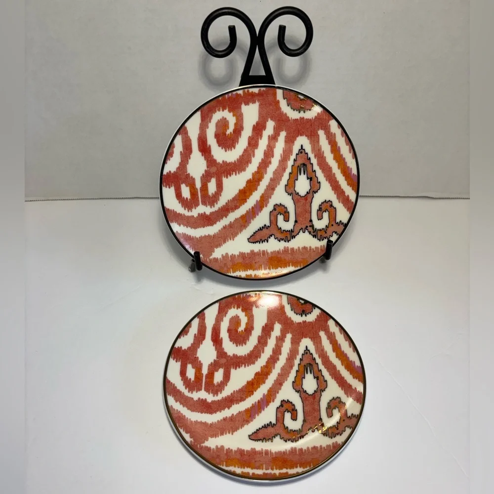 Pier 1 Abstract Dessert Dishes Set Of 2 Orange Pink Gold Trim Fall Decor 6”